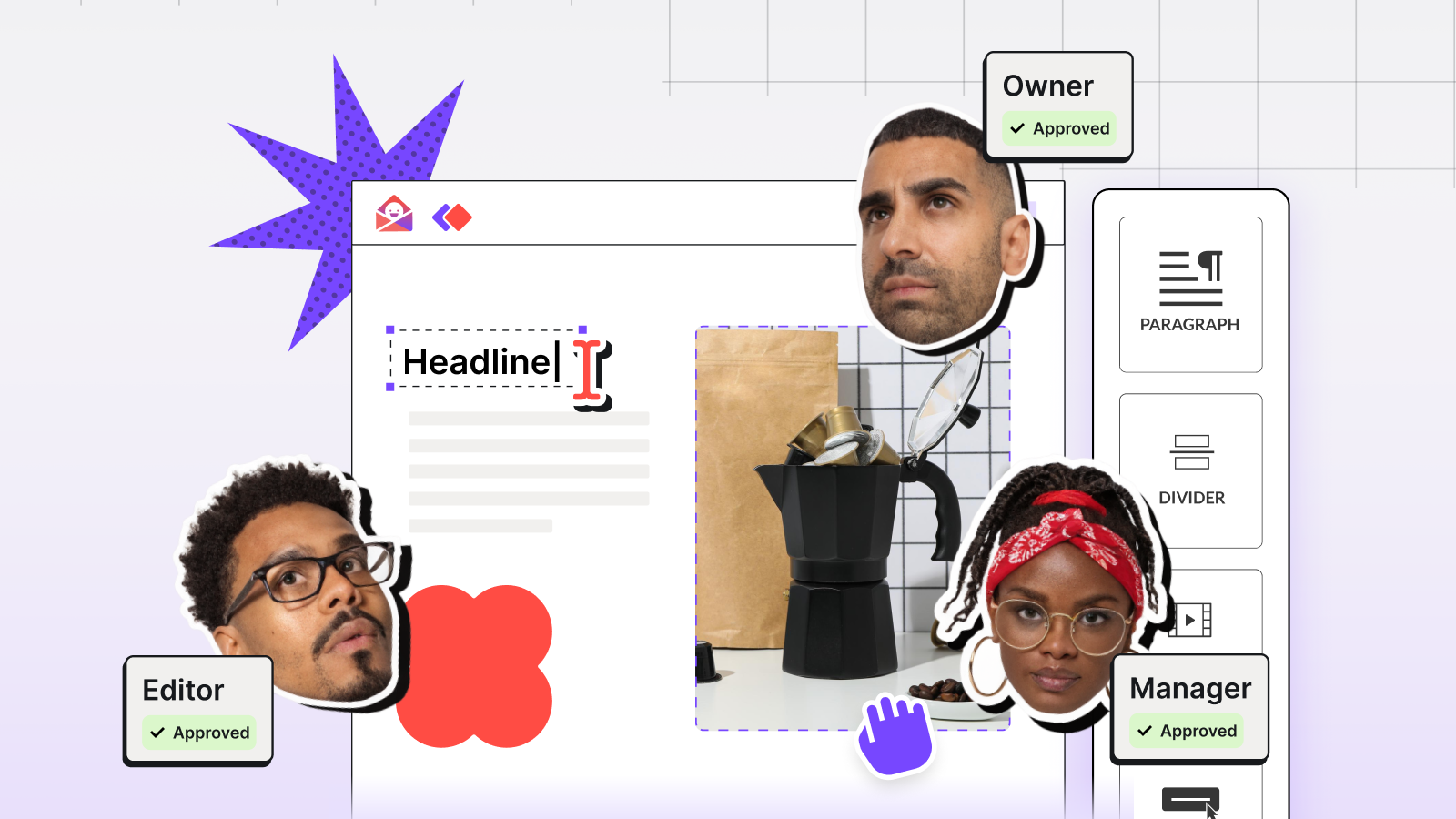 Team collaboration in RGE Studio with comments, reviews, and approvals on an email design