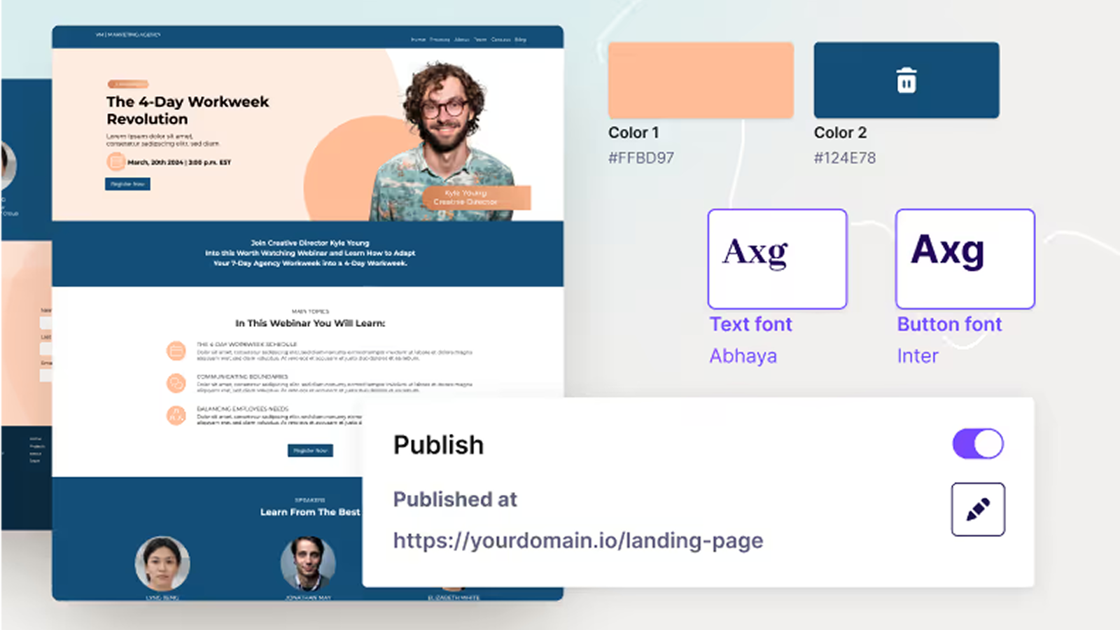 Email and landing page design with brand colors, fonts, and publishing settings in Beefree