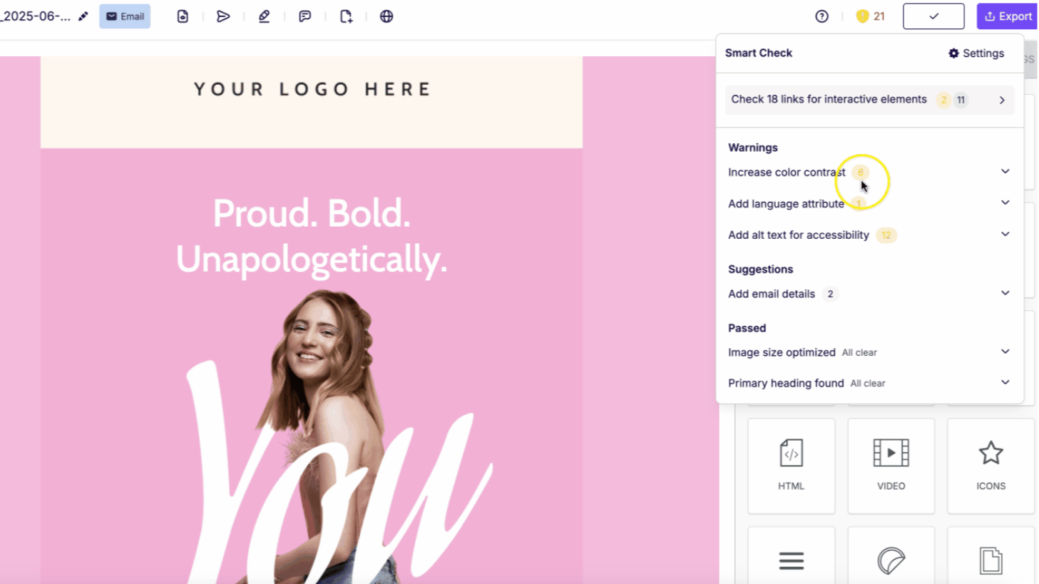 Smart Check in Beefree highlighting accessibility and quality warnings for an email design