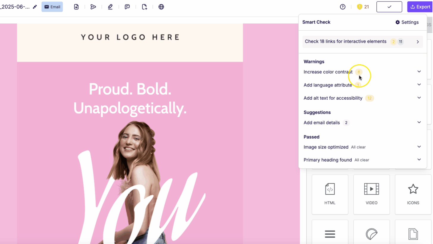 Smart Check in Beefree highlighting accessibility and quality warnings for an email design